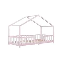 lit d'enfant design en forme maison avec grille de protection construction solide capacité de charge 100 kg bois de pin contreplaqué 200 x 90 cm rose blanc mat laqué