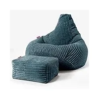 lounge pug, pouf fauteuil gamer avec repose-pied, poire, côtelé bleu canard