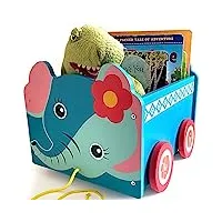boîte de rangement à jouets sur roulettes | coffre de rangement pour chambre d'enfant en bois et à tirer (éléphant) | coffre à jouets, jeux ou livres | cadeaux pour garçons & filles 1, 2, 3, 4, 5 ans