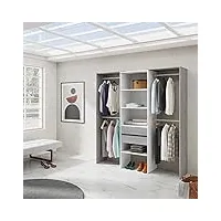 drisia - armoire dressing avec étagères, 4 penderies et 2 tiroirs gris et blanc