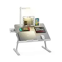 saiji table de lit pour ordinateur portable avec lampe led, hauteur réglable en hauteur, avec support, tiroir, butoir pour lap, fente pour tablette, pieds de luge