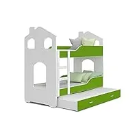 le lit superposé enfant avec 2 matelas - david maison i - 160/190 x 80 - (blanc/vert, 160 x 80)