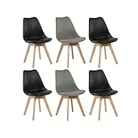 eggree - lot de 6 chaises pour salle à manger/bureau, avec pieds en hêtre massif, sans accoudoirs, rembourrées, au design pour un confort maximum, 2 gris + 4 noir