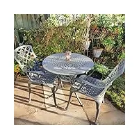 lazy susan salon de jardin: 80 cm table anna ronde en gris ardoise avec 2 chaises emma et coussins verts en aluminium résistant aux intempéries | facile à assembler