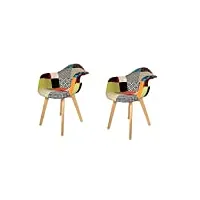 cmp paris lot de 2 fauteuils scandinaves patchwork | h 85 x p 60,5 x l 62 cm | pieds en bois brut | multicolore