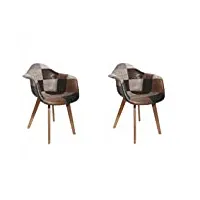 cmp paris lot de 2 fauteuils cuir synthétique| scandinave patchwork marron et gris| h 84 x p 59 x l 62 cm | multicouleurs