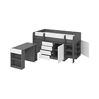 lit mezzanine compact et moderne avec bureau, tiroirs et bibliothèque - smile la droit - (graphite/blanc)