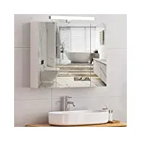armoire toilette miroir avec éclairage led et prise 70×15×60cm meuble 3 portes armoires de salle de bain,3 niveaux Étagères à hauteur réglable,grand espace de rangement,blanc