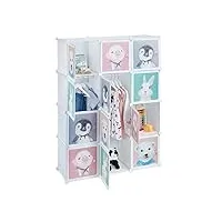 relaxdays armoire chambre d'enfant, modulable, 8 cubes, portes, diy, étagère animaux, hlp 145x109x37 cm, blanc