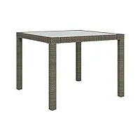 vidaxl table de jardin table de salle à manger de patio meuble de terrasse extérieur 90x90x75 cm verre trempé et résine tressée gris