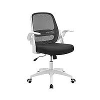 songmics fauteuil de bureau en toile, chaise ergonomique, siège pivotant, réglable en hauteur, accoudoirs rabattables, mécanisme à bascule, blanc et noir obn035w01