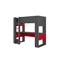 lit mezzanine gamer noah avec bureau et rangements intégrés - 90 x 200 cm - avec leds - anthracite et rouge