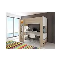 lit mezzanine avec bureau et rangements intégrés - 90 x 200 cm - chêne et blanc - noah ii