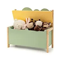 costway banc coffre 2 en 1 à jouets pour enfant, siège d'abattant, dossier large en forme nuage coffre en mdf et pin de couleur vert et naturel