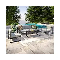 ims garden salon de jardin aluminium pour 5 personnes - gris - mobilier de jardin extérieur -composé de 1 canapé 3 places + 2 fauteuils + 1 table basse - coussins gris inclus