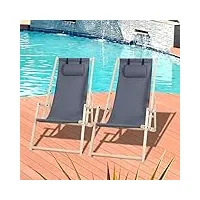 cecaylie lot de 2 chaises longues de jardin en bois de qualité supérieure avec accoudoirs et coussins, chaise longue de jardin relaxation, chaise de plage, chaise de camping pliable (gris)