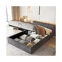 merax lit capitonné avec coffre de lit, 140 x 200 cm, lit double en tissu velours, sommier à lattes et espace de rangement, style simple, gris