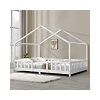 lit d'enfant design en forme maison avec grille de protection construction solide capacité de charge 200 kg bois de pin contreplaqué 200 x 140 cm blanc mat laqué