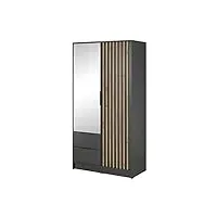 mb-moebel armoire de chambre avec miroir, 2 portes pivotantes et 2 tiroirs loft style, industrielle armoire de rangement penderie (tringle) avec étagères (lxhxp):105x200x51cm- john 2d - graphite