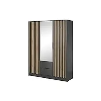 armoire de chambre avec miroir, 3 portes pivotantes et 2 tiroirs lattes en bois loft style industrielle armoire de rangement penderie (tringle) avec étagères (lxhxp):155x200x51cm- john 3d -graphite