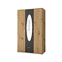 stella trading cassel kassel penderie miroir aspect chêne artisan graphite – armoire polyvalente 3 portes pour votre chambre à coucher, bois d'ingénierie, 120 x 195 x 55 cm