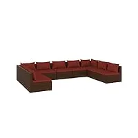 vidaxl salon de jardin 9 pcs avec coussins mobilier de patio ensemble de meubles de terrasse mobilier d'extérieur résine tressée marron