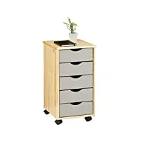 idimex caisson de bureau lagos meuble de rangement sur roulettes avec 5 tiroirs, en pin massif finition vernis naturel et lasuré gris