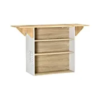 homcom ilot central cuisine meuble de rangement cuisine de service avec plan de travail rabattable en bois de caoutchouc et 2 étagères - 140 x 55 x 91 cm