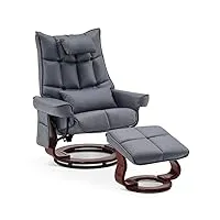m mcombo fauteuil de relaxation avec tabouret, pivotant et fonction allongée, fauteuil tv, moderne, pour salon, avec coussin et poche latérale, en microfibre, aspect cuir, 9076 (bleu-gris)