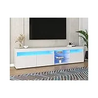 azkoeesy meuble tv bas brillant avec éclairage led 180 cm - meuble tv - 3 portes et étagère en verre - blanc