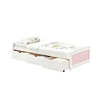 idimex lit fonctionnel mia avec rangements 3 tiroirs 90 x 200 cm, lit simple 1 place, lit enfant en pin massif lasuré blanc et rose