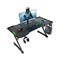 hlfurnieu led bureau gaming 120 x 60 cm, bureau gamer avec plateau en fibre de carbone, table de jeu ergonomique avec porte