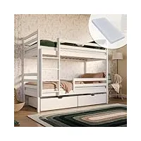 lit mezzanine 90 x 200 cm avec 2 matelas et 2 tiroirs lit superposé avec protection contre les chutes et sommier à lattes, convertible en deux lits bébé en bois massif blanc