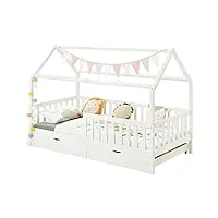 idimex lit cabane nuna lit enfant simple montessori en bois 90 x 200 cm, avec rangement 2 tiroirs, en pin massif lasuré blanc