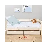 hoppekids lit enfant eco comfort avec sommier à lattes, barrière et tiroirs de lit 70x160 | fabriqué à partir de pin massif | lit pour enfants - bois naturel