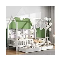 azkoeesy lit simple pour enfant avec 2 tiroirs et bibliothèque et protection contre les chutes, pour petits garçons et filles, en bois de pin, 90 x 200 cm, blanc
