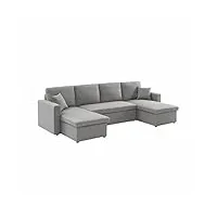 alice's home - canapé panoramique convertible en tissu gris clair. 4 places. coffre rangement. lit modulable