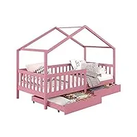 idimex lit cabane elea lit enfant simple montessori 90 x 200 cm, avec 2 tiroirs de rangement, en pin massif lasuré rose