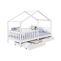 idimex lit cabane elea lit enfant simple montessori 90 x 200 cm, avec 2 tiroirs de rangement, en pin massif lasuré blanc