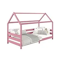 idimex lit cabane fina lit simple pour enfant montessori 90 x 200 cm, avec barrières de protection sur 3 côtés, en pin massif lasuré rose