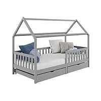 idimex lit cabane nuna lit enfant simple montessori en bois 90 x 200 cm, avec rangement 2 tiroirs, en pin massif lasuré gris