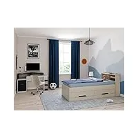 vente-unique - lit boris avec tiroirs et rangements - coloris chêne - 90 x 190 cm