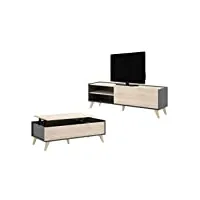vente-unique - ensemble table basse + meuble tv - anthracite et chêne - séjour scandinave kolyma