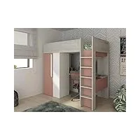vente-unique - lit mezzanine 90 x 200 cm avec armoire et bureau - rose et blanc - nicolas