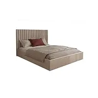 vente-unique - lit coffre 140 x 190 cm avec tête de lit coutures verticales - tissu - beige - sarah