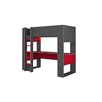 vente-unique - lit mezzanine gamer noah avec bureau et rangements intégrés - 90 x 200 cm - avec leds - anthracite et rouge + matelas