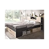 vente-unique - lit avec tête de lit rangements et tiroirs - 140 x 190 cm - coloris : naturel et anthracite - leandre