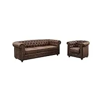 vente-unique - canapé 3 places et fauteuil chesterfield en microfibre aspect cuir vieilli