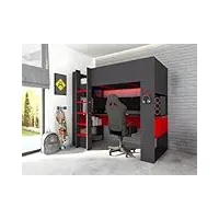 vente-unique - lit mezzanine gamer noah avec bureau et rangements intégrés - 90 x 200 cm - avec leds - anthracite et rouge