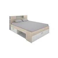 vente-unique - lit avec tête de lit rangements et tiroirs - 140 x 190 cm - coloris : naturel et blanc - leandre